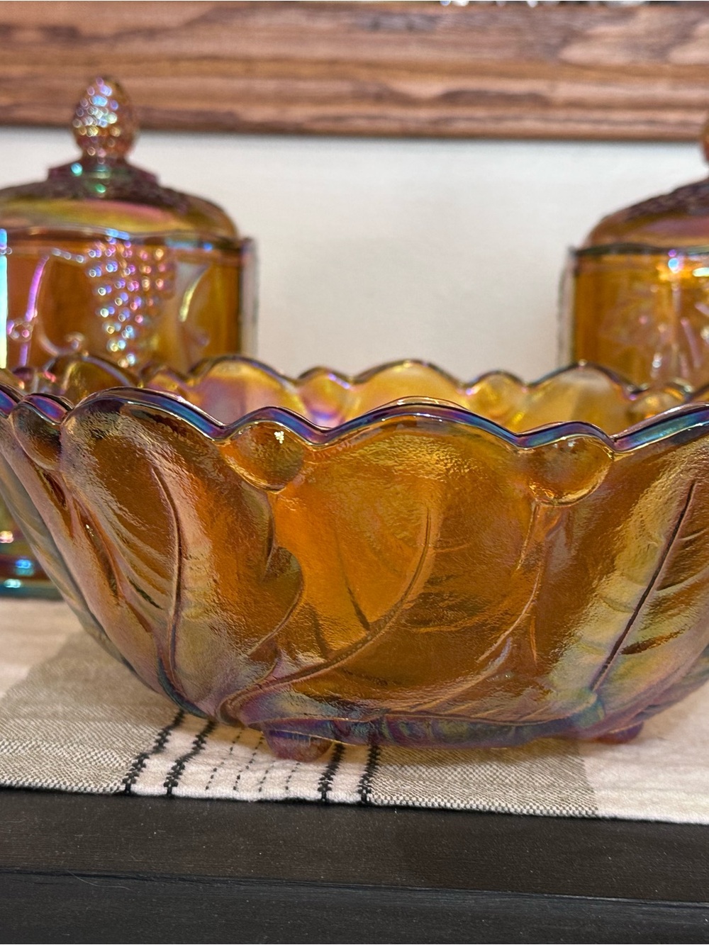 Iridescent Amber Carnival Glass Serving Bowl and jars with lids set